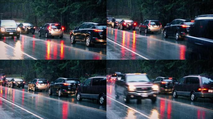 农村地区雨中驶过的汽车