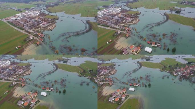 空中: 洪水对环境的破坏。城市景观