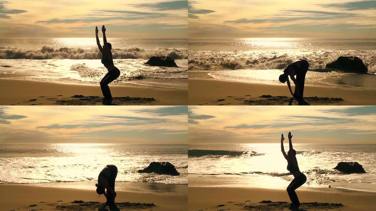 女人在海滩上做瑜伽-高清