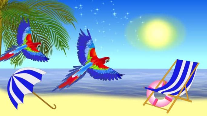 动画。Ara澳门鹦鹉在棕榈树，海边，阳光下飞翔。
