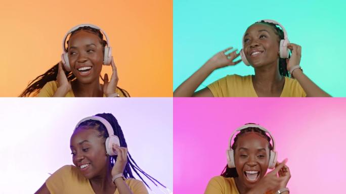 耳机，激动的黑人妇女在工作室里跳舞，色彩和灯光在背景中带着微笑和幸福。音乐、流媒体和舞蹈、有趣在线电