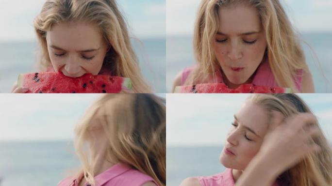 美丽的女人在海滩上吃西瓜享受美味多汁的水果微笑快乐的女性在海边玩得开心4k镜头