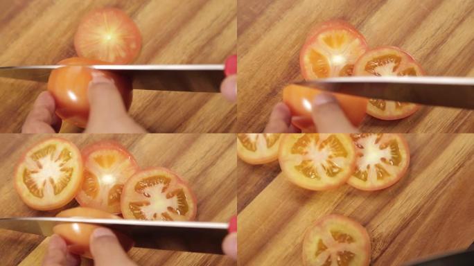 番茄-在木头上切番茄特写-完成过程-顶角