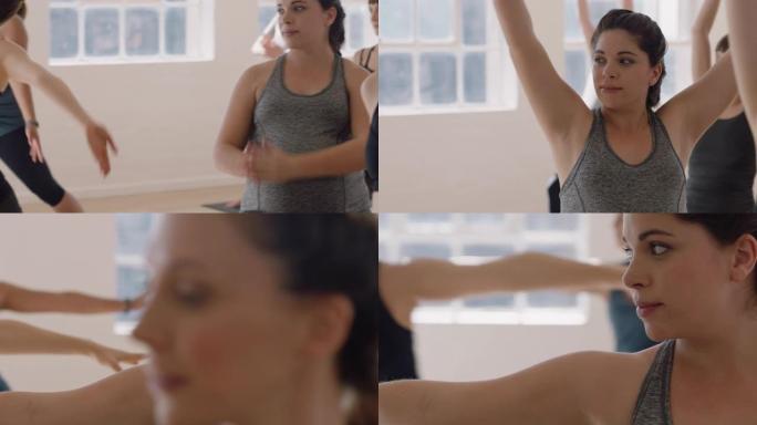 瑜伽课肖像孕妇西班牙妇女练习战士与教练教学姿势组享受健康生活方式在健身工作室锻炼