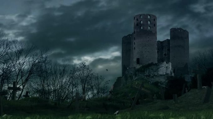 暴风雨期间的黑暗城堡和墓地。