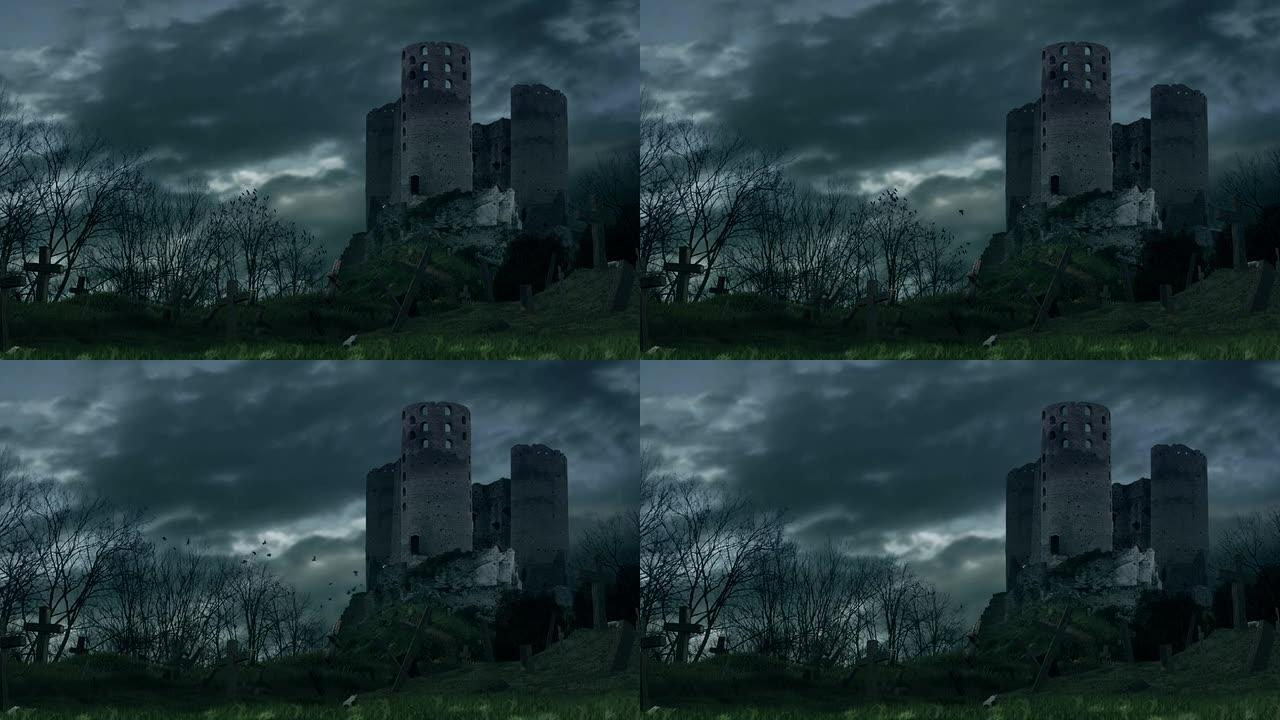 暴风雨期间的黑暗城堡和墓地。