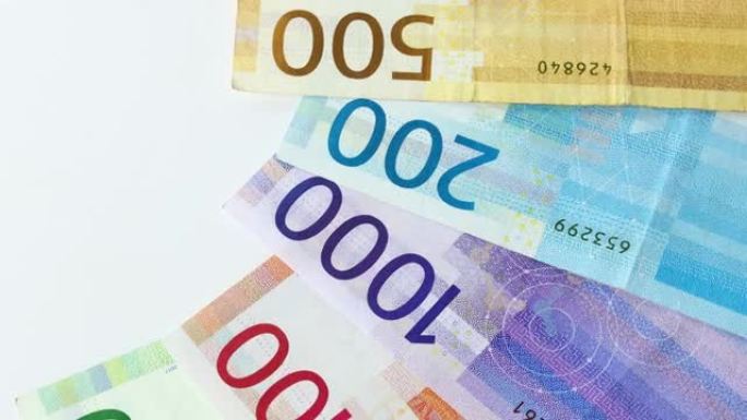 挪威货币轮换，金融和经济概念，所有克朗钞票，彩票，命运之轮，金融成功