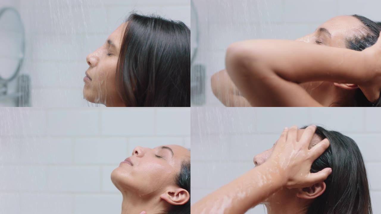 迷人的女人洗澡触摸湿皮肤享受豪华水疗清洁光滑的肤色