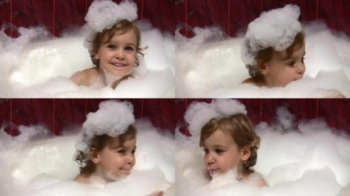 头上有泡沫的洗澡的小女孩