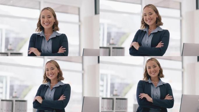 快乐，微笑和商业女性在办公室的专业，保密和公司的心态。快乐，双臂交叉和授权与员工的肖像为执行，管理和