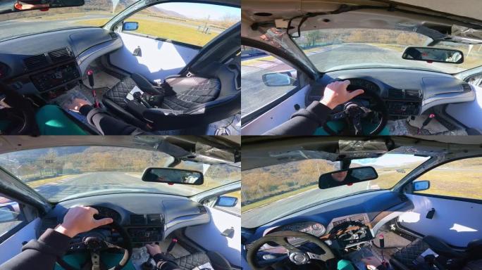 POV男子在道路上漂移跑车，驾驶员在驾驶时显示变化的漂移车的内部视图，极限运动驾驶和肾上腺素