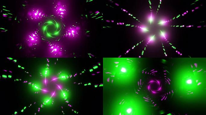 抽象螺旋迪斯科动画绿色和紫色霓虹灯背景为舞曲3d渲染。Vj和Dj loop为酒吧、夜总会、音乐节、狂