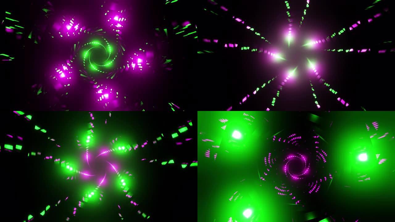 抽象螺旋迪斯科动画绿色和紫色霓虹灯背景为舞曲3d渲染。Vj和Dj loop为酒吧、夜总会、音乐节、狂