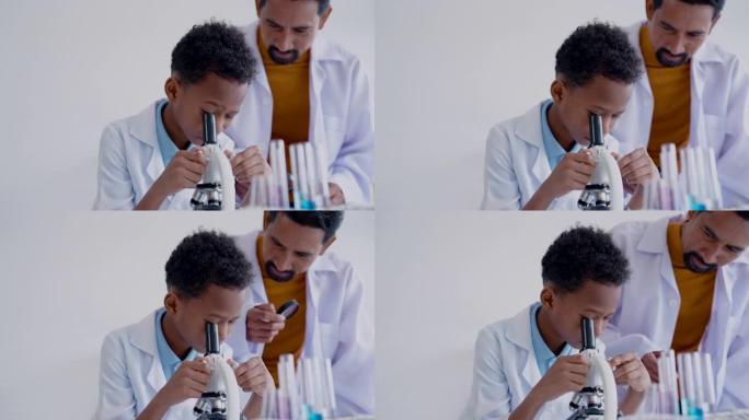 4K，近距离男学生，在显微镜下，以便能够在科学课上的现实化学实验中使用，教授使用显微镜，然后旋转放大