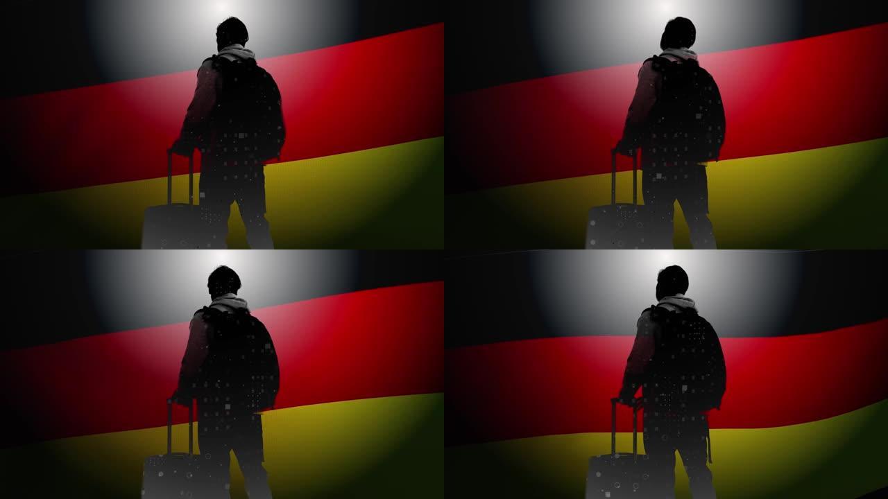 电脑绘图和双重曝光。一名游客背着背包和旅行箱，背景是飘扬的德国国旗。难民