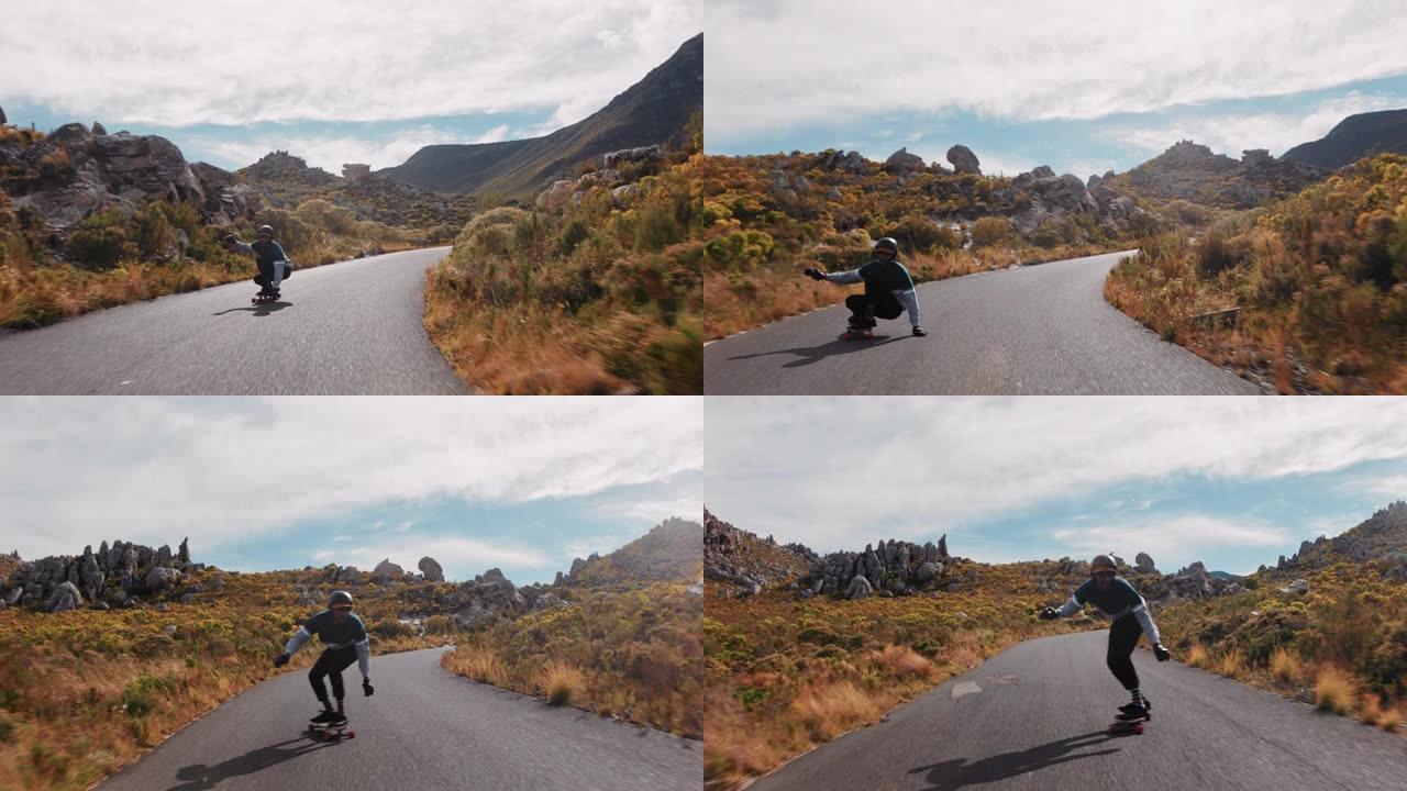 年轻人使用长板滑冰快速享受在美丽的乡村道路上下坡巡航骑滑板慢动作