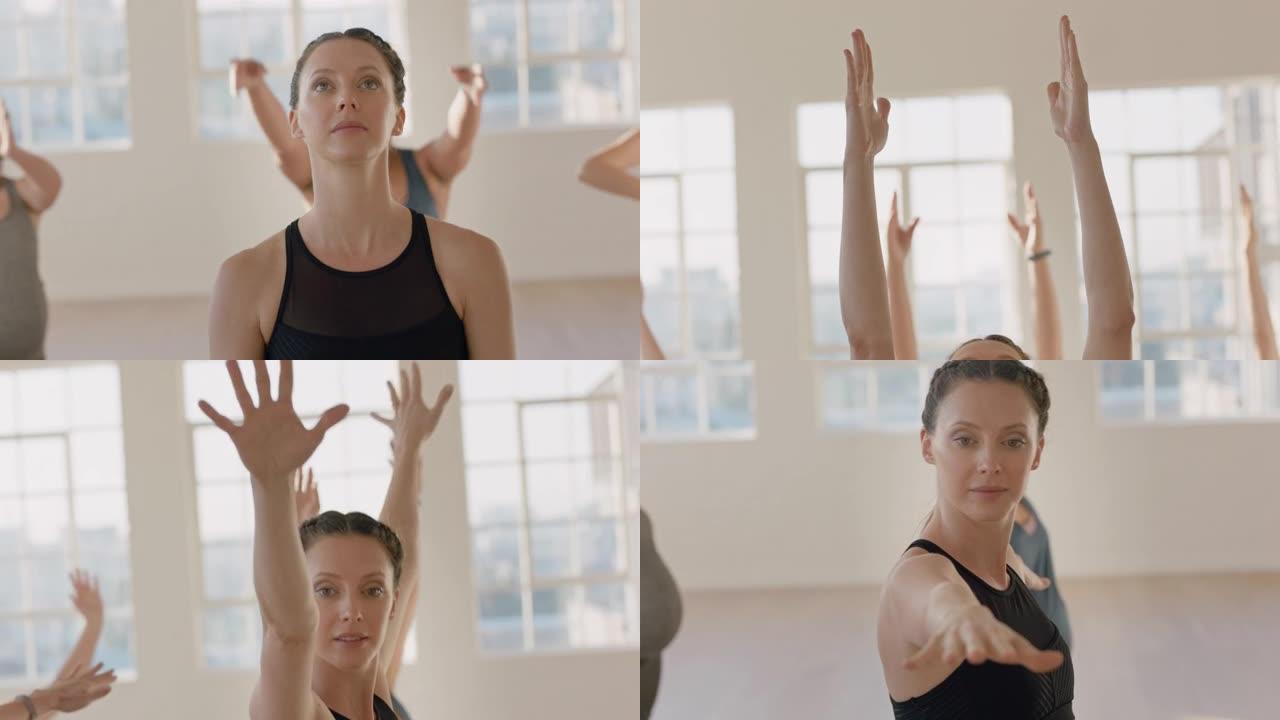 瑜伽课肖像美丽孕妇练习战士姿势享受健康生活方式日出时在工作室锻炼