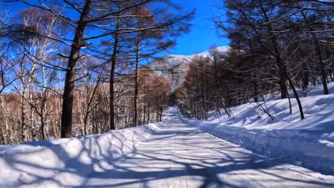 在冬季山区积雪覆盖的道路上行驶