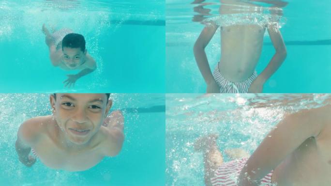 快乐的小男孩在游泳池水下游泳微笑享受夏日4k在清澈的水中游泳