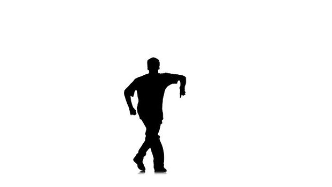 运动男子在白色背景上跳舞嘻哈kramp，慢动作，剪影