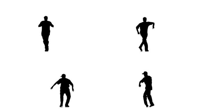 运动男子在白色背景上跳舞嘻哈kramp，慢动作，剪影