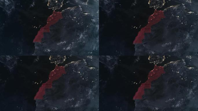 突出显示的西撒哈拉-摩洛哥的黑暗地图，通过4K照片真实动画地球从太空放大，全景包括非洲、西欧和美国。