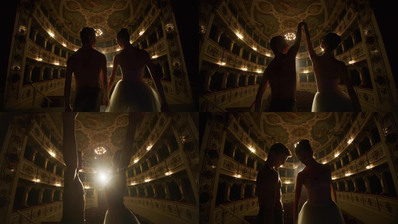 年轻的古典芭蕾舞演员夫妇以戏剧性的灯光进入经典剧院的舞台的电影镜头。男女舞者在演出前一起排练表演