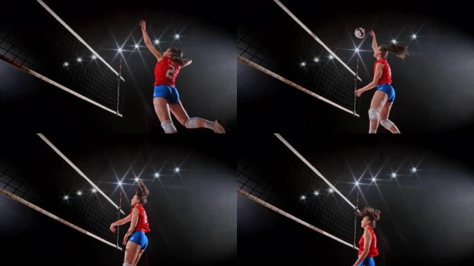 SLO MO SPEED RAMP女子排球运动员在红队击球过网