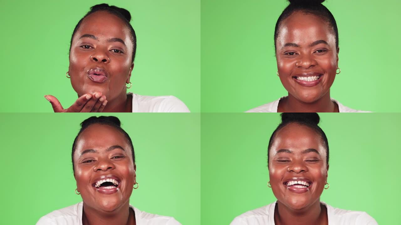 黑人妇女，绿屏和在工作室背景上吹吻美女肖像。快乐的非洲女模特用手在嘴上微笑表情，调情和关心爱情