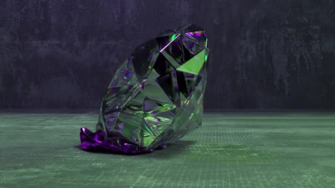 一颗绿色的大钻石落在混凝土地板上，变成紫罗兰色的布，充气并飞走。转型。