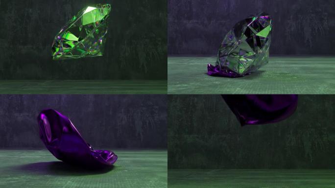 一颗绿色的大钻石落在混凝土地板上，变成紫罗兰色的布，充气并飞走。转型。