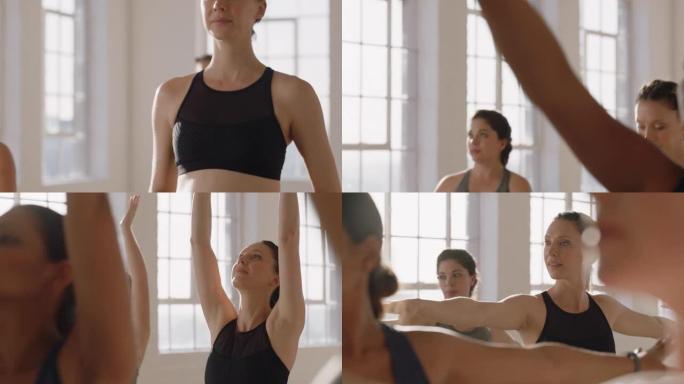 年轻怀孕的白人妇女在瑜伽课上练习战士姿势享受健康的生活方式团体在日出时在健身工作室锻炼