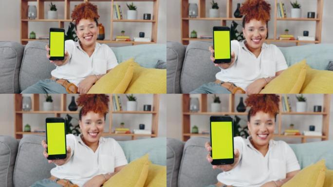 黑人妇女，样机手机屏幕和面部微笑在室内进行广告促销，在线新闻和技术。快乐女孩的肖像，智能手机模拟和数