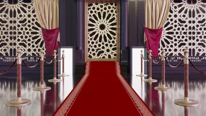 红地毯和带有红绳和阿拉伯式花纹的柱子，伊斯兰概念，4k动画