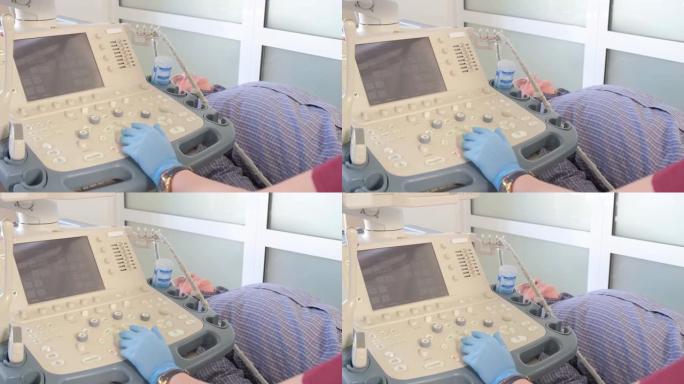 一位医生在诊所为一位老年病人的腿部关节做超声波检查。4 k的视频