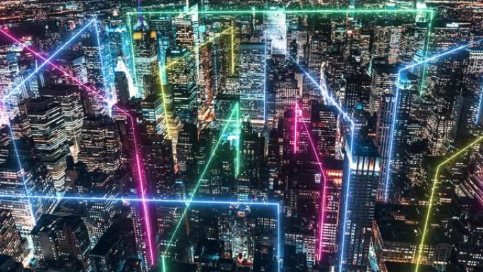 T/L智慧城市和Metaverse概念，曼哈顿夜景