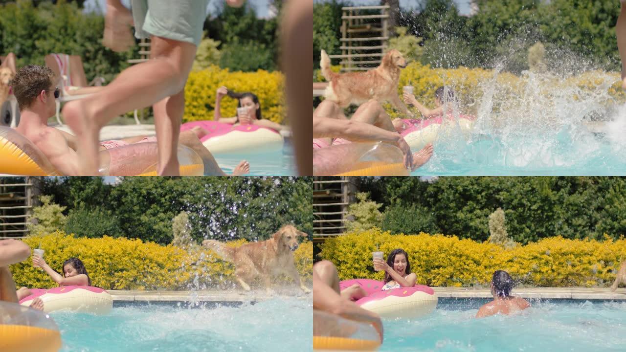 夏季有趣的朋友跳进游泳池嬉戏地把人溅在游泳管上庆祝暑假在彩色游泳花车4k