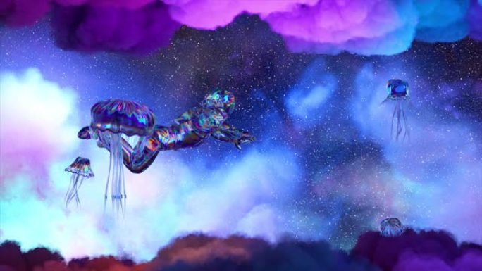 一名宇航员漂浮在被水母包围的紫色蓝云之间。空间。钻石套装。霓虹色。银河系