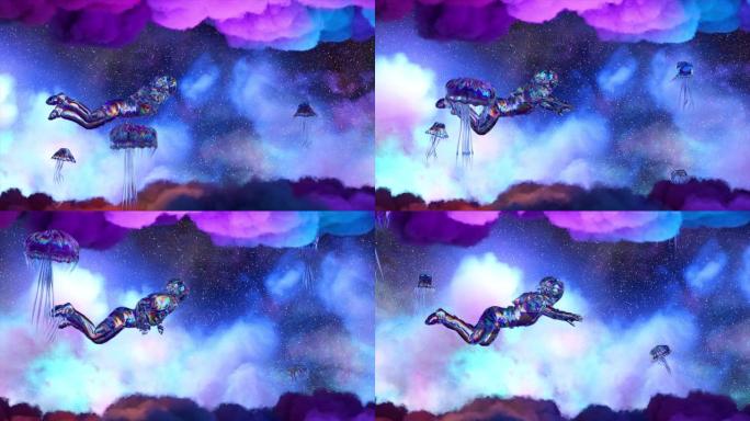 一名宇航员漂浮在被水母包围的紫色蓝云之间。空间。钻石套装。霓虹色。银河系