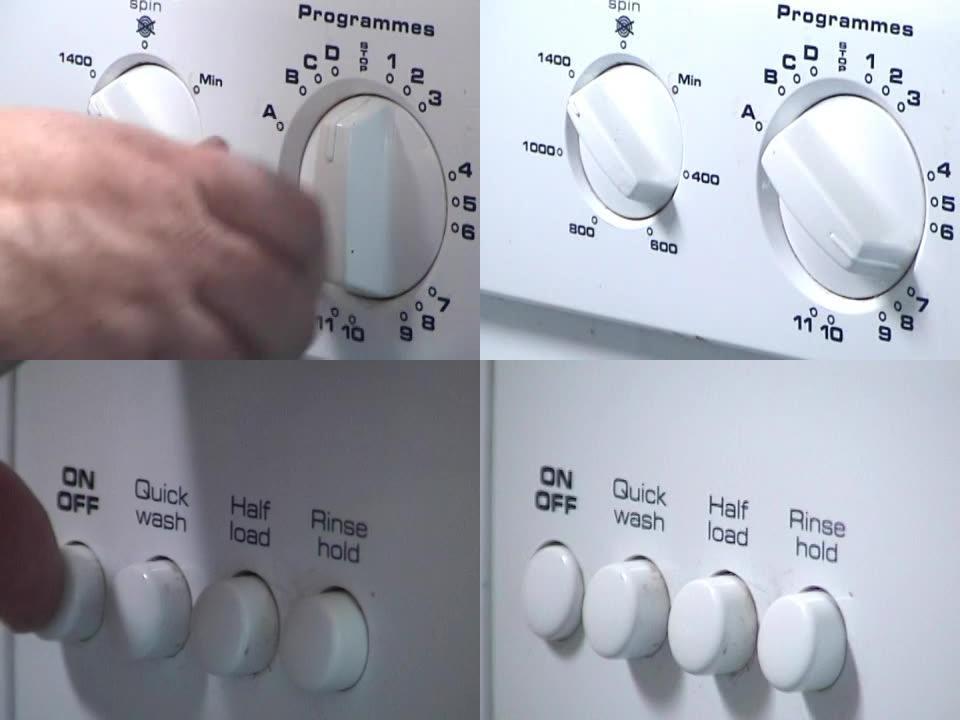 女性手设置拨盘洗衣机并按下按钮