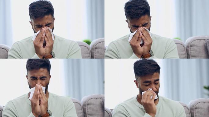 纸巾，打喷嚏和印度男子在家用客厅沙发上吹鼻子，感到恶心和疲倦。患有鼻窦感染和流感的家庭休息室沙发上的