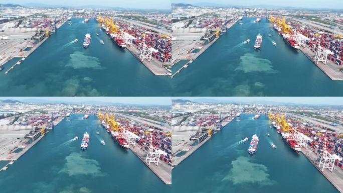 进口货物集装箱船运载集装箱和国际集装箱港口海关造船厂海港概念智能物流服务。导入概念