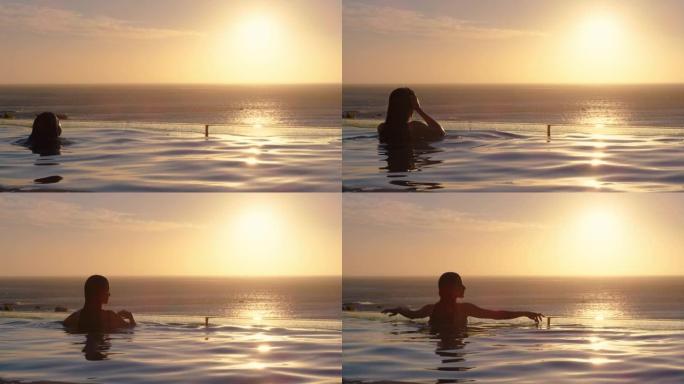 女人在豪华酒店水疗中心的游泳池里放松，享受美丽的日落海景地中海旅游度假胜地4k