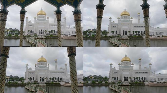在文莱达鲁萨兰国斯里巴加湾市的清真寺和皇家驳船上的框架。