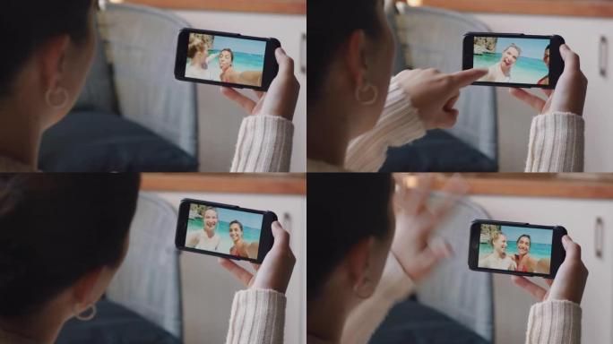 年轻女子视频聊天使用智能手机在意大利度假海滩快乐的朋友分享旅游体验在假期与手机交流