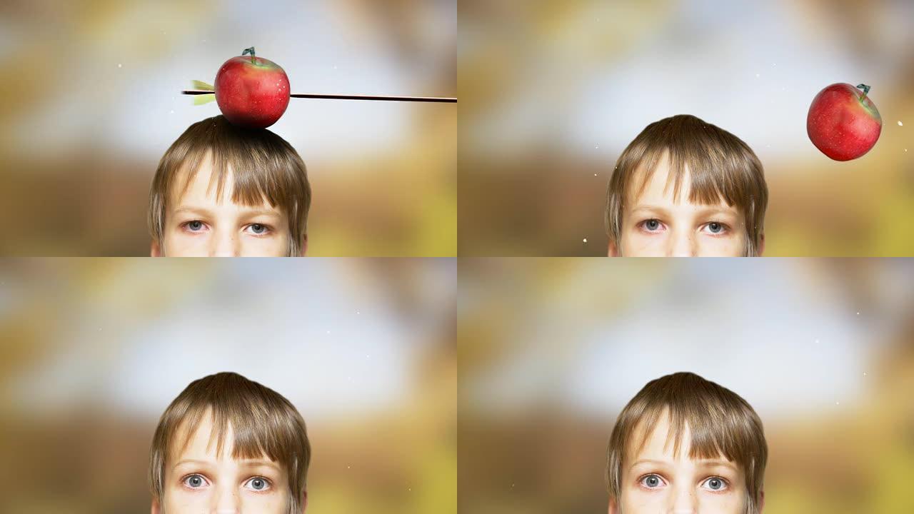 箭头从头上捕捉红苹果。丰富多彩的背景。