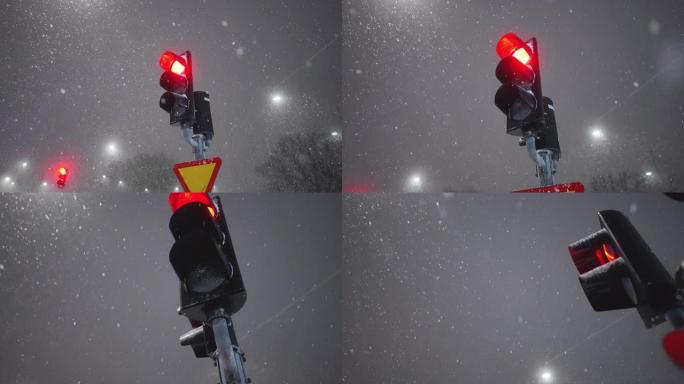 城市交通信号灯上的大雪