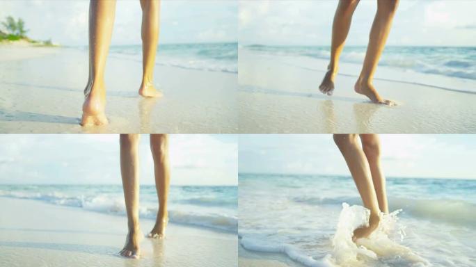 腿脚女孩行走海洋浅滩