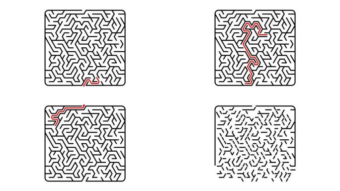动画红线穿过方形迷宫。在困难时期做出正确的决定。商业上的成功。智力开发的谜题和游戏。循环视频