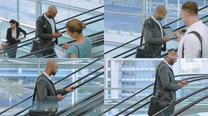 Mixedr race商人在自动扶梯上使用智能手机发短信在线查看电子邮件成功的男性高管到达公司办公楼